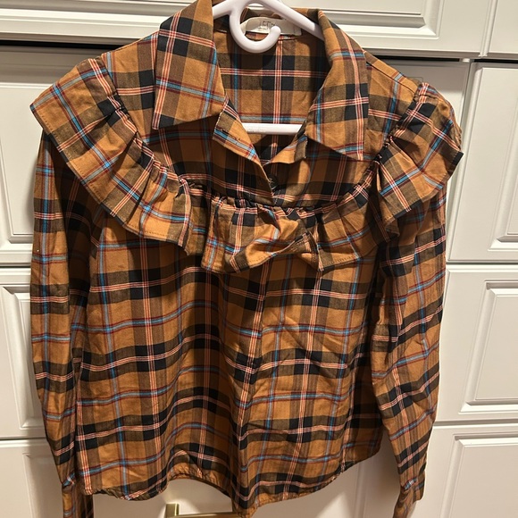 Tops - Girls' Ruffle Collar Plaid Shirt - Mustard Plaid